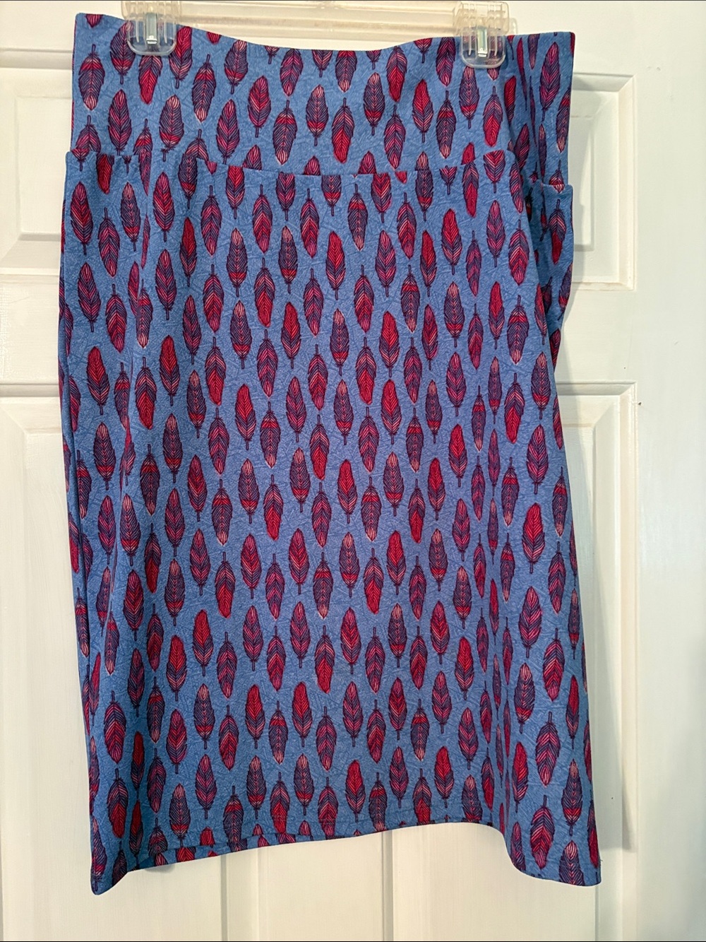 LuLaRoe Blue Pencil Skirt with Pink Feather Print